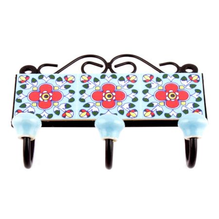 Turquoise Red Floral Tiles Hooks 